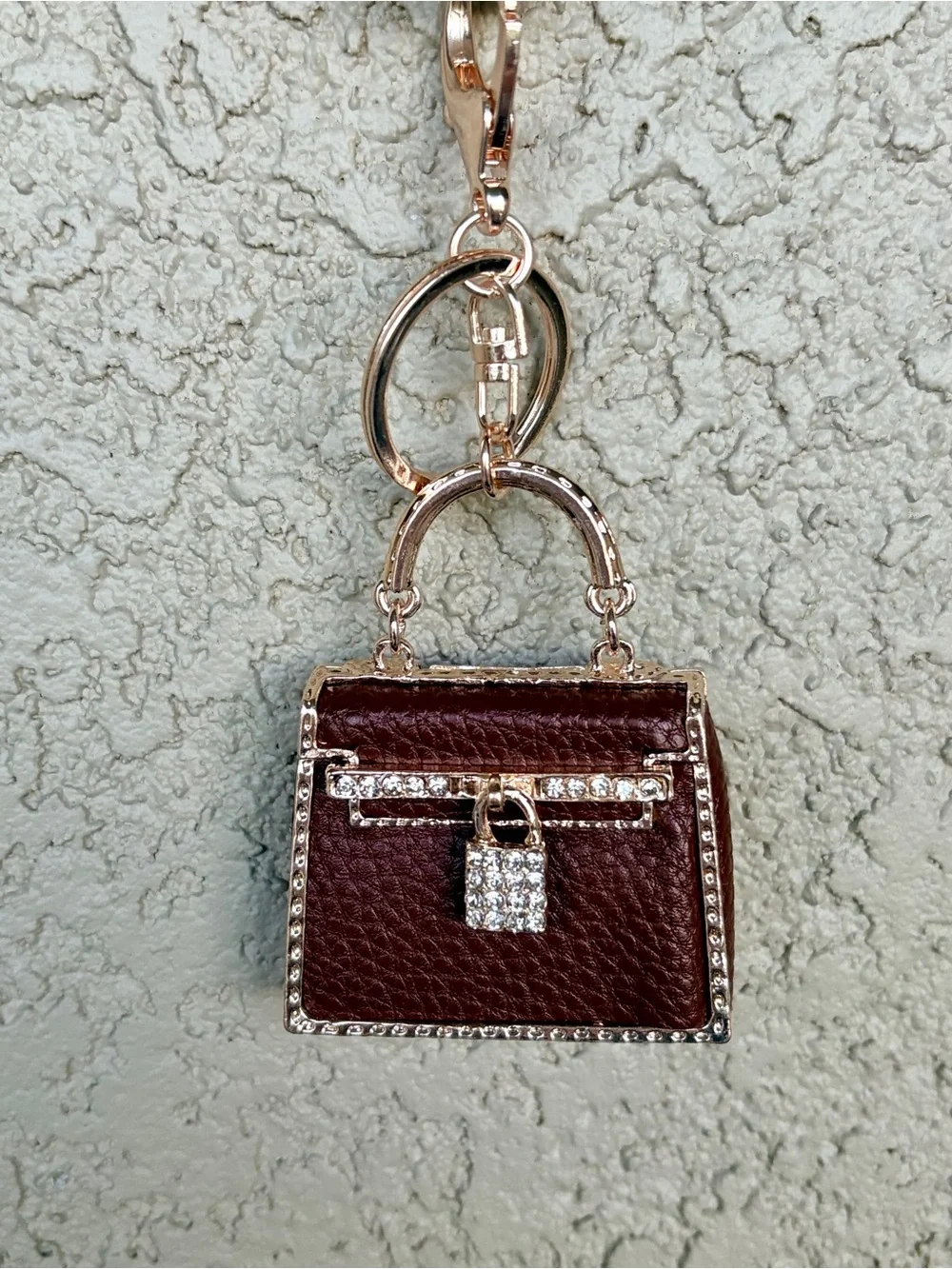 Mini Handbag Keychain Charm - Brown Faux Leather with Rhinestone Lock